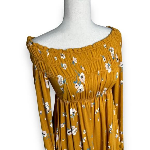 Free People Yellow Floral Long Sleeve Top Medium Marigold Off the Shoulder Tunic - Picture 4 of 8
